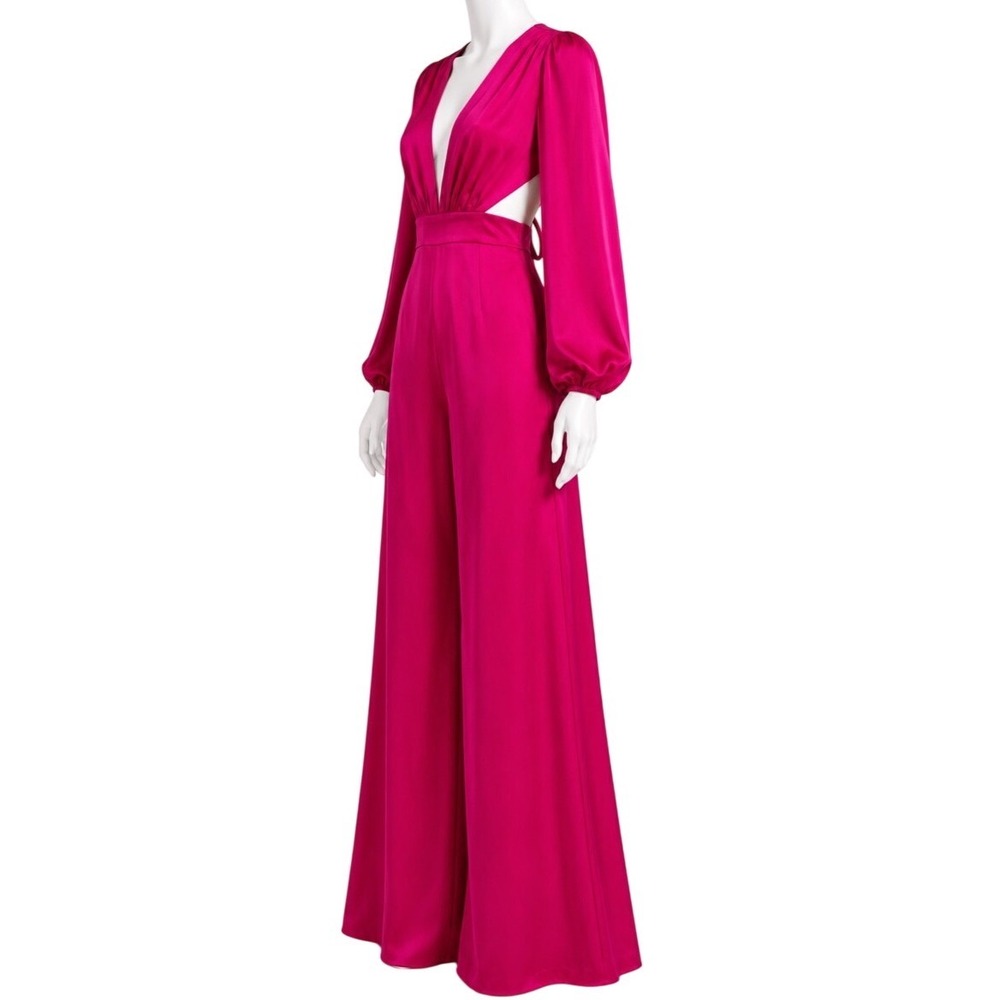 AKIRA *NWT* Fuchsia Hot Pink Satin Cutout Wide-Leg Jumpsuit | Open Back | Sz S
